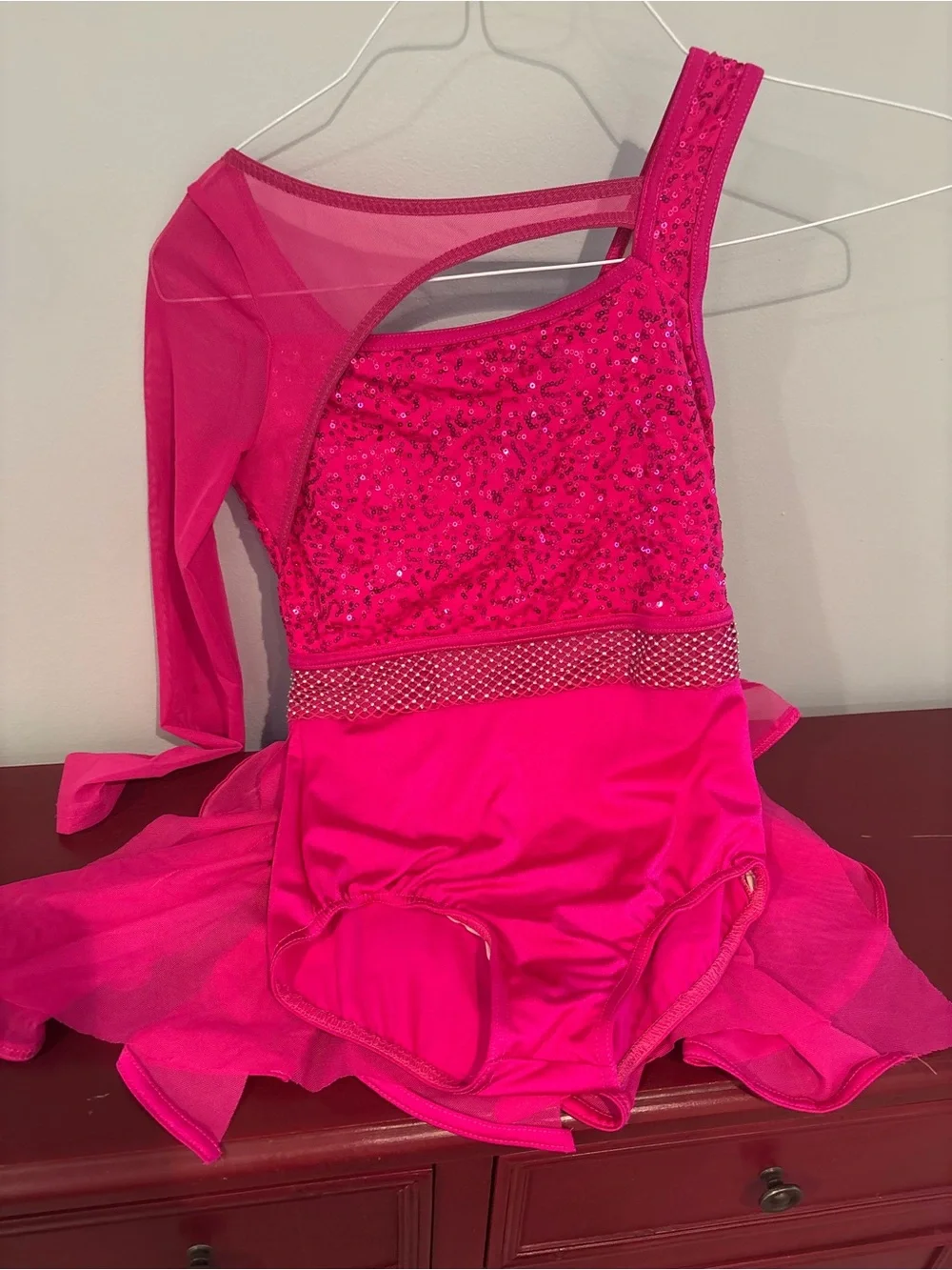 Girls Hot Pink Sequin One-Shoulder Dance Costume